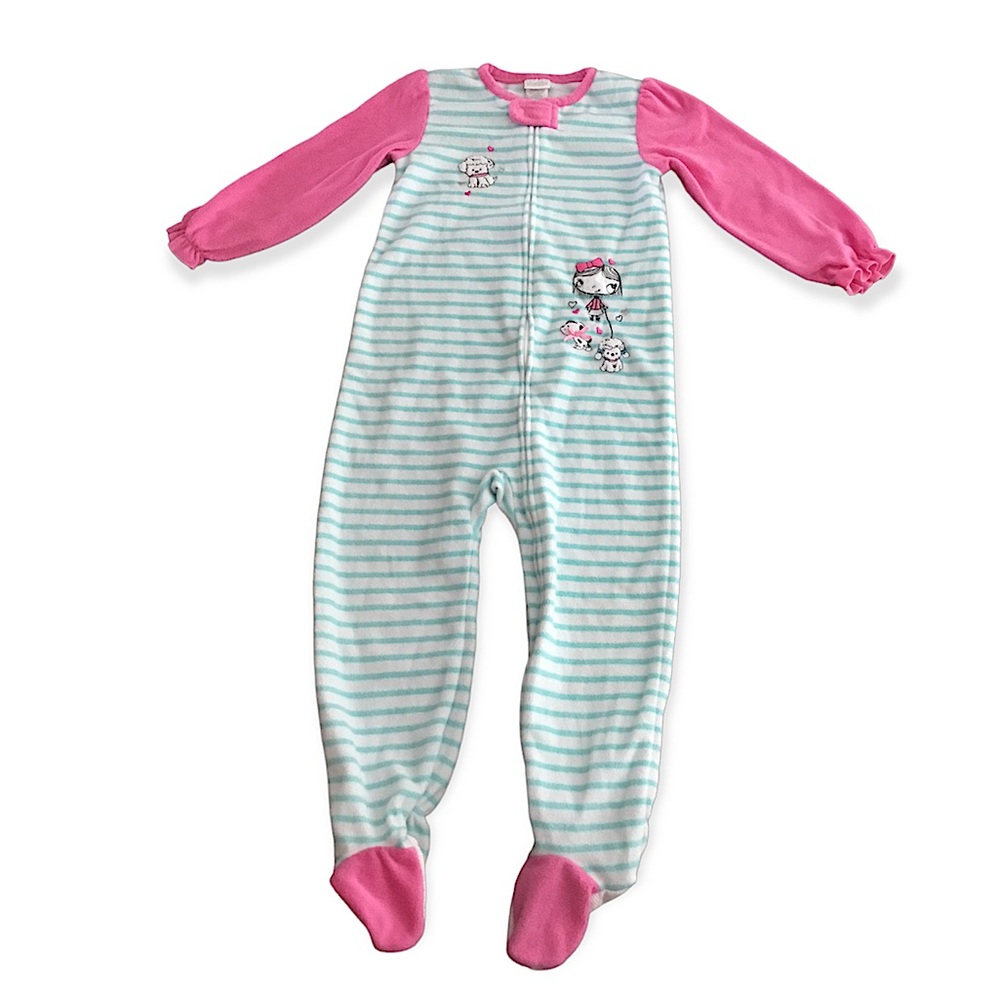 Adorable Pink with Green and White Striped Footed Pajamas Size 4T